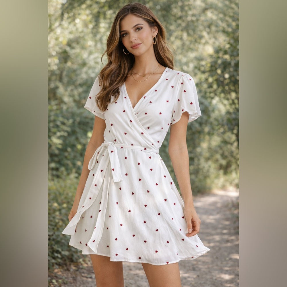 NWOT: White Mini Dress with Red Heart Pattern ♥️